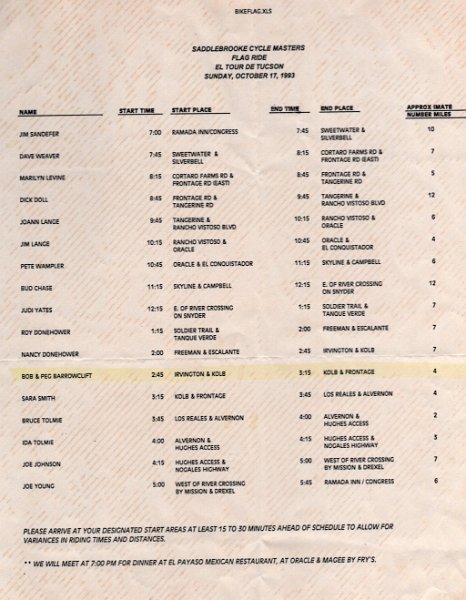 Ride - Oct 1993- El Tour de Tucson Flag Ride - Rider Schedule
